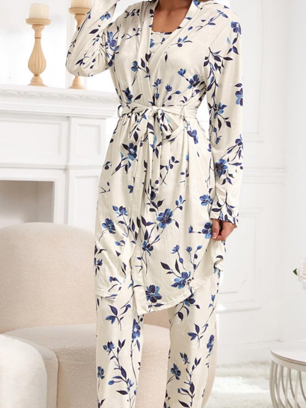 Women's 3-Piece Floral Pajama Set with Robe and Wide Leg Sleepwear Pants - Picture 3 of 5
